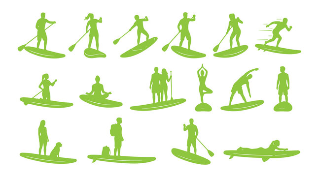 Flat vector set of male and female surfers catching waves on a sunny beach.