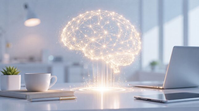 Glowing light brain hologram projected on office workspace table with laptop and coffee cup