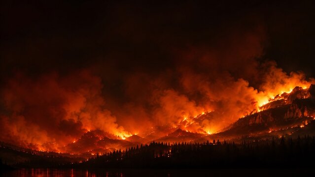 Massive dramatic forest fire burning fiercely at night with glowing orange flames