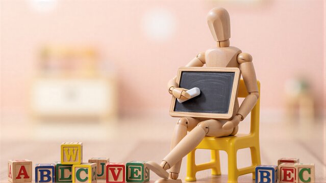 Wooden figure teaches with chalkboard, surrounded by colorful alphabet blocks.