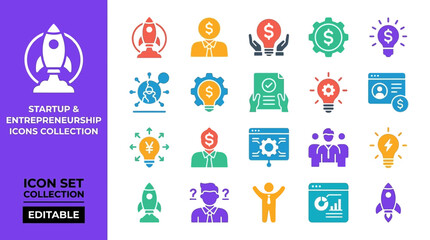 Fototapeta premium Startup and entrepreneurship flat color icon set for business