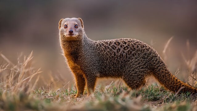 Mongoose Standing Alert in Dry Grassland Wildlife Nature Portrait