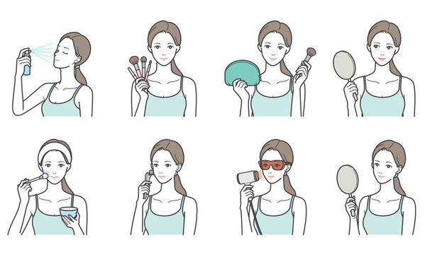女性の美容ツールとホームケア・美容家電のイラスト8点セット（フェイシャルミスト・美顔器・光美容器・ポーチ）
