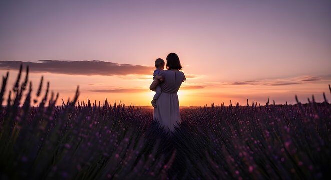 Silhouette of a mother holding her baby in a lavender field at sunset a peaceful and serene moment of maternal love in a beautiful nature landscape during golden hour