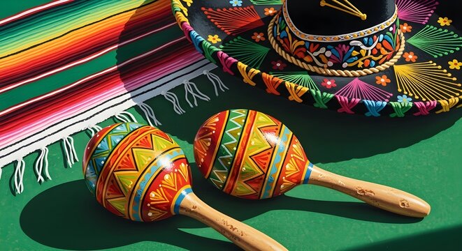 Traditional mexican sombrero, colorful serape blanket, and maracas on a green surface festive celebration concept with vibrant cultural items for cinco de mayo or mexican themed party