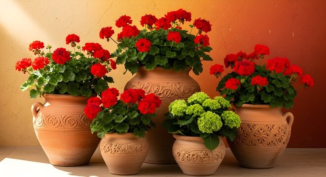 Beautiful vibrant red geranium flowers and green hydrangea in decorative terracotta pots against a warm gradient background