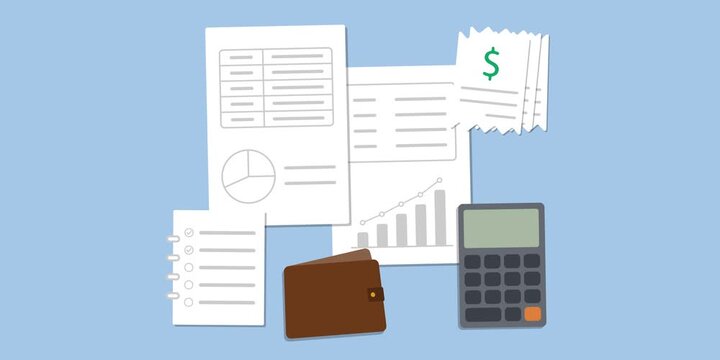 Financial recovery plan, calculator, wallet, savings worksheet and recovery arrow. Income recovery concept scene. Income rebuilding and financial recovery planning process. 