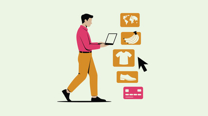 Fototapeta premium Stylized person using a laptop to browse various online shopping categories and product options