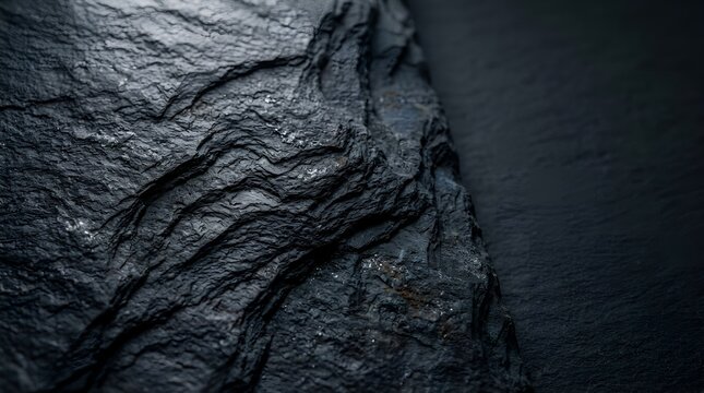 Macro shot of dark charcoal slate stone texture with rough layered surface and dramatic side light