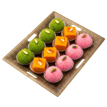 Colorful indian sweets on a decorative metal tray isolated on transparent background