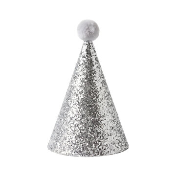 Silver Glitter Cone Party Hat With Pom Pom.