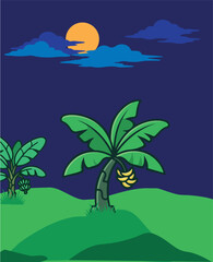 Tropical Night Scene with Banana Trees and Full Moon © Gutoqu