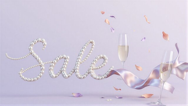 Pearl 'Sale' sign, champagne glass, silk ribbon, falling rose petals on lavender background.