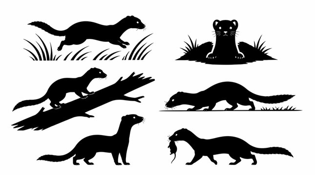 Weasel Silhouette Set showing various poses of wild mustelids