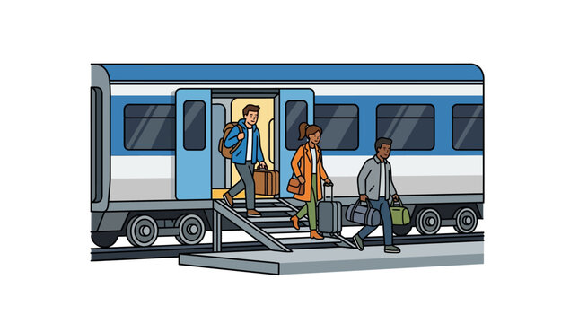People Disembarking Train Flat Design Vector Illustration
