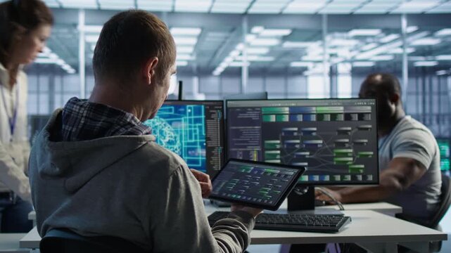 Software developer manipulating lines of code for AI applications development using device, while system administrator in data center solving tasks on tablet, running programming scripts.