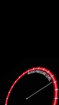 Blood pressure level gauge with red medical dial, white needle, and dark warning atmosphere. healthcare videos, heart risk education, clinic presentations, wellness explainers, and medical overlays.