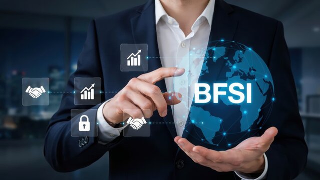 Businessman touching a digital globe with bfsi icons for banking and finance growth