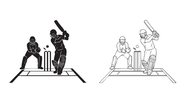 cricket players in vector silhouette with line art pair icon