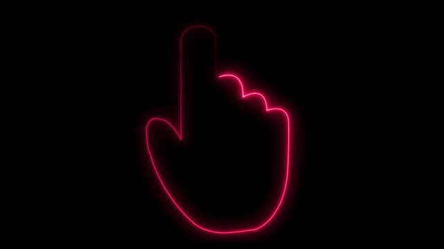 glowing neon hand with computer mouse icon animation on black background. hand using a computer mouse icon. Working online icon. Finger scrolls the wheel and clicks the button. mouse and hand