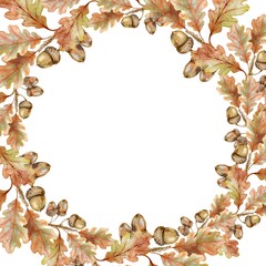 Watercolor autumn circular frame with oak leaves, acorns, and curved branches. Vintage botanical wreath isolated on white background, ideal for invitations, stationery, scrapbooking, branding © Tatiana