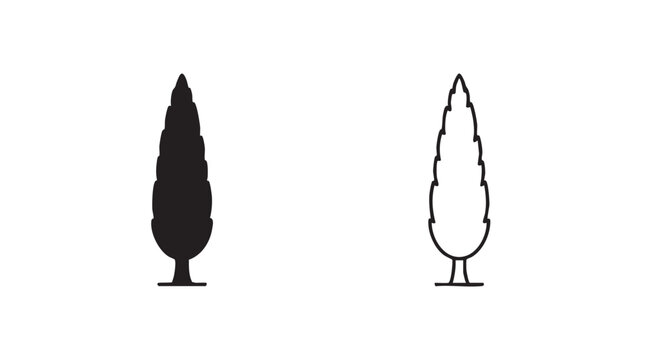 cypress tree vector silhouette with line art pair icon featuring nature, plant, botanical