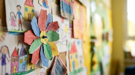 Fototapeta premium Colorful children drawings pinned on a classroom bulletin board
