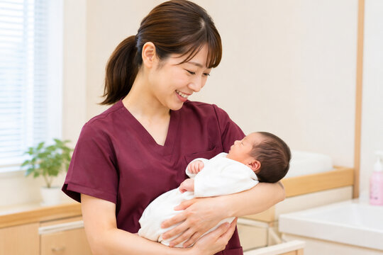 新生児を優しく抱く女性看護師