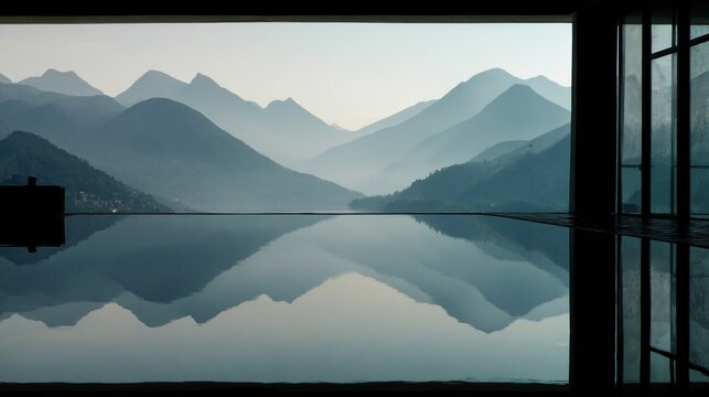 Mountains reflected in calm water