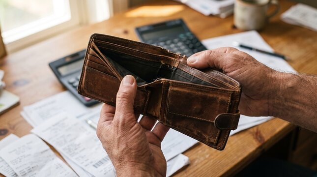 Old man holds a worn brown leather wallet showing emptiness
