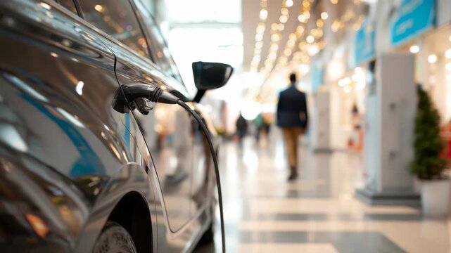 A sleek electric vehicle is plugged in and charging at an indoor station within a contemporary shopping center. The scene highlights the growing trend of green technology and urban sustainability