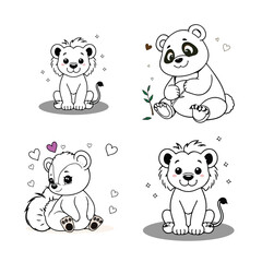 Cute animal coloring page set lion panda bear cubs for kids toddlers © Shakhawat Hossen