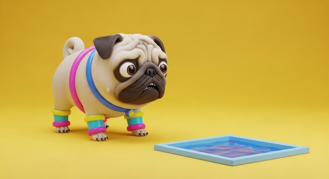 Playful pug dog with colorful accessories.