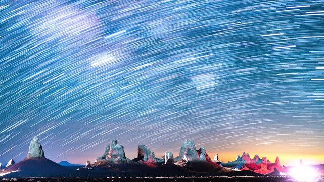 Star Trails of Milky Way Galaxy in Southeast Sky at 50mm Over Trona Pinnacles Astrophotography Time Lapse in California USA