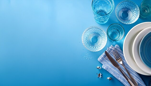 clean dishes and sparkling glassware on a blue background dishwashing concept with copy space.jpg