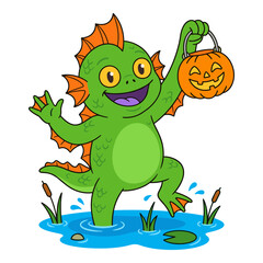 Fototapeta premium Cute swamp monster holding a jack o lantern in water.