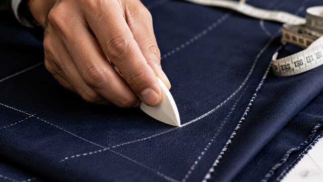 Close-up of a tailor's hand using white chalk to mark a pattern on dark blue fabric
