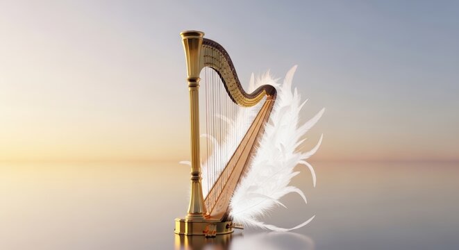 Golden Harp with White Feather Instrument.