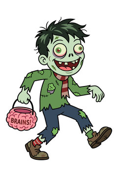 Zombie boy in ragged clothes holding brains bucket vector illustration for halloween.