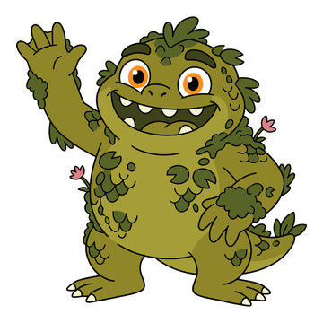 Cute cartoon swamp monster with flowers illustration for kids.