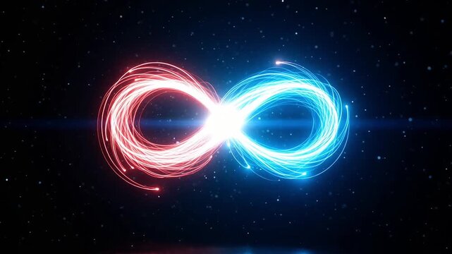 Glowing neon infinity symbol with red and blue light beams on dark particle background