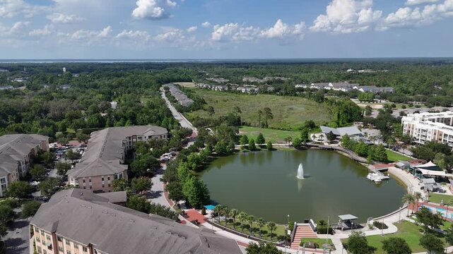Apartments and homes around Center Lake Park at downtown Oviedo in Seminole County, Florida.