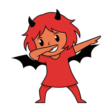 Playful cartoon devil girl with black horns and wings performing a dabbing pose isolated on white background character design concept
