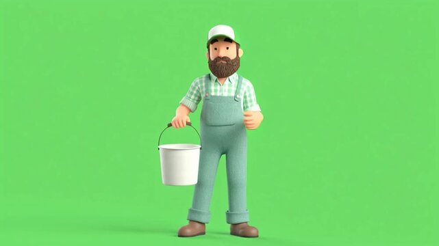 A bearded 3D male figure is standing while holding a bucket in his right hand. He is wearing a white cap with a green visor, a light green-and-white checkered shirt, and work overalls, and is dancing 