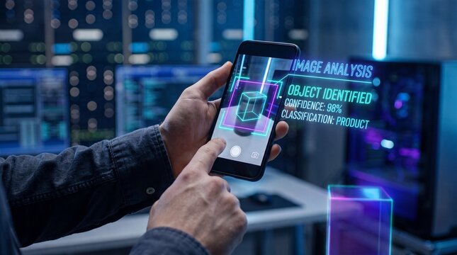 AI specialist uses smartphone with holographic object recognition interface in data center