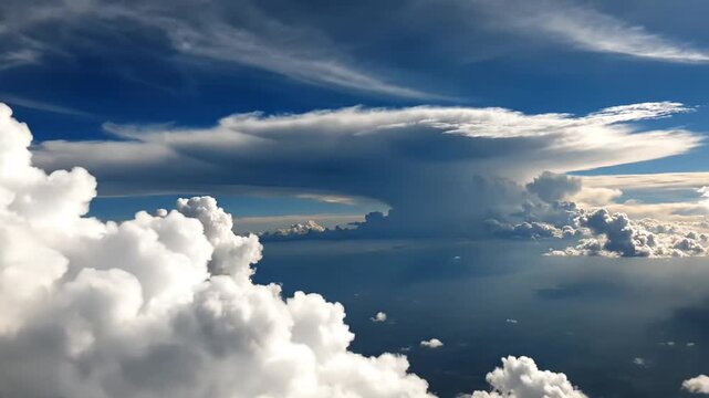 Clouds form a massive anvil structure high above the earth, displaying the powerful intensity of atmospheric weather patterns seen from an airplane window during a long distance flight across the.