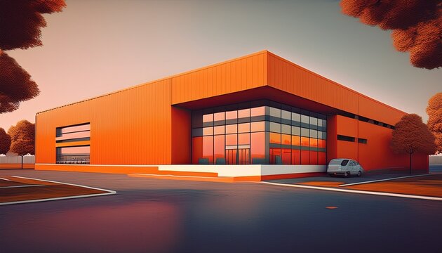 modern sleek warehouse office building facility exterior architecture orange generative ai