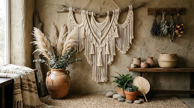 Bohemian interior with macrame wall hanging.