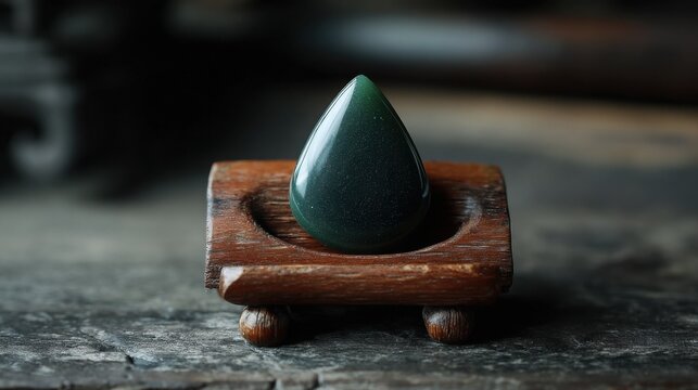 Deep Green Opaque Jadeite Cabochon Gemstone Resting in a Carved Wooden Holder