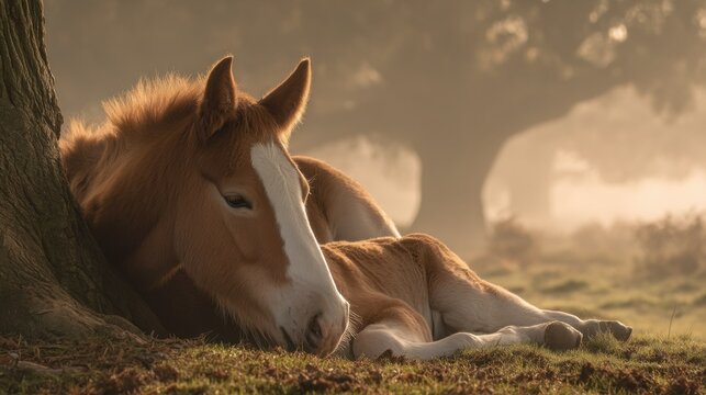 Sorrel mare and foal resting peacefully under a large oak tree at dawn